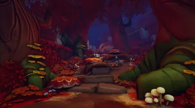 A mystical forest scene with large trees, mushrooms, and fallen leaves in shades of red and orange.
