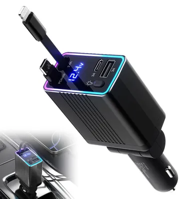 Produktbild von 4 in 1 Zigarettenanzünder USB C Auto Ladegerät, 120W Kfz-Schnellladegerät Integriertes Einziehbares Kabel KFZ-Ladegerät Auto zubehör für iOS