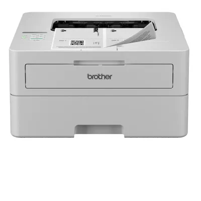 A white Brother laser printer is shown from the front.