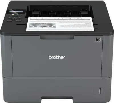 A Brother laser printer is shown from the front, with a document partially fed into the top.