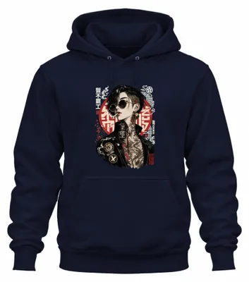 Produktbild von Rise Rebel Anti System Japan Cyberpunk Yakuza Y2K Tattoo Hoodie Kapuzenpullover, Navy, M