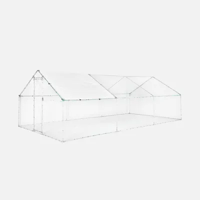 A white chicken coop/aviary structure with a green frame, shown from a slightly elevated side angle against a white background.