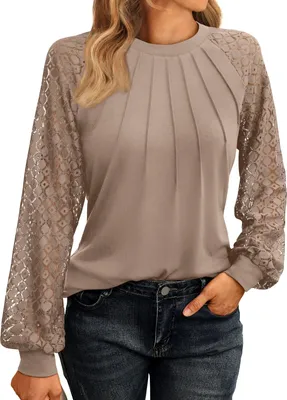 Produktbild von ASKSA Damen T-Shirt Rundhals Plissee Spitze LangarmShirts Elegant Basic Bluse Tops Herbst Tunika Oberteile (Khaki,XXL)