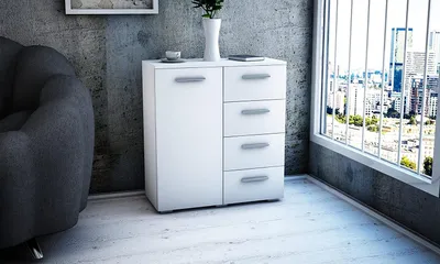 Produktbild von MATKAM Kommode Helena B80 x H84,5 x T35 cm, Sideboard mit 4 Schubladen und 1 Fächer mit Türen, ideal für Büro, Diele, Wohnzimmer (Weiß)