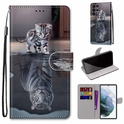 Immagine prodotto di Custodia protettiva per Samsung Galaxy S22 Ultra 5G, tipo portafoglio, custodia completa a 360 gradi, disponibile nel colore "Gatto che diventa tigre"
