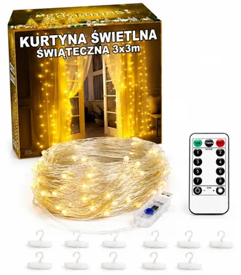 Zdjęcie produktu dla Lampki Świąteczne 300 LED – Kurtyna Świetlna – 3 x 3 m, USB Z Pilotem, Ciepła Biel