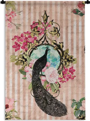 Produktbild von MuchoWow® Wandteppich Wandbehang Pfau - Rosa - Blumen 90x135 cm Tapisserie Dekoration Wandtuch - Baumwolle - Wandskulptur