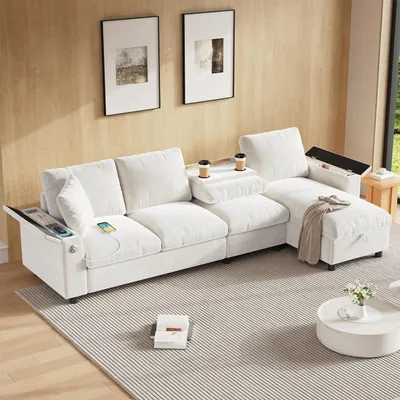 Immagine prodotto di okwish classic sofa chaise longue con funzione letto e due portabicchieri, divano lounge in ciniglia con tavolino integrato, beige