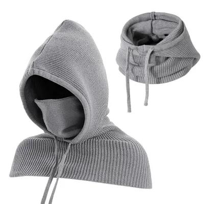 Productafbeelding van Gebreide muts en sjaal 3-in-1, capuchon-sjaal, stormhoed, winddichte nekwarmer, grijs