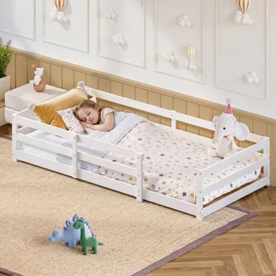Produktbild von Montessori Bodenbett 90x200 cm aus Kiefernholz, Kinderbett mit Sicherheitsumrandung und Lattenrost