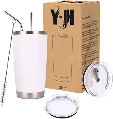 Produktbild von Unyqoos® 550 ml Autobecher – doppelwandig & vakuumisoliert Thermobecher aus Edelstahl mit 2 spritzgeschützten Deckeln, 2 Trinkhalmen, Reinigungsbürste, BPA‑frei, Weiß