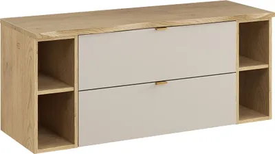 A modern bathroom vanity cabinet with two drawers and open shelving on the sides, presented against a white background.