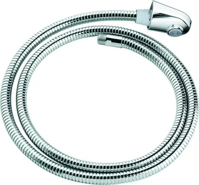 A chrome-plated flexible shower hose with a shower head attached.