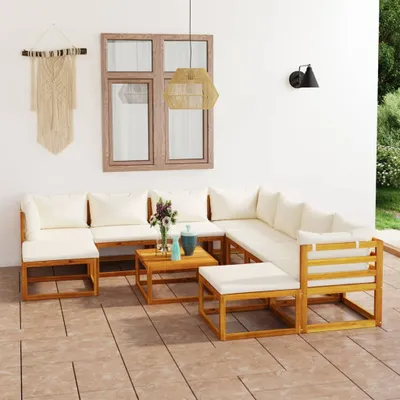 Image de Style élégant Ensemble de salon de jardin 11 pièces avec coussins Crème Bois massif Acacia DE4237196