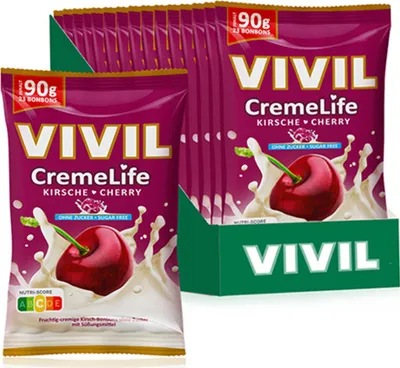 Produktbild von VIVIL Creme Life Kirsche Sahnebonbons ohne Zucker | 15 Beutel x 90g