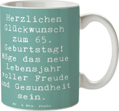 Produktbild von Mr. & Mrs. Panda Kaffeebecher Spruch 65. Geburtstag Glückwünsche - Meeresbrise - Geschenk, Teetasse, neues Lebensjahr, Kaffeepott, Freude, Happy Birthday, Pott, Becher