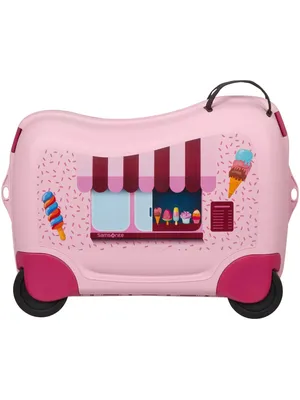 A pink Samsonite children's suitcase designed to look like an ice cream van.
