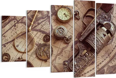 Produktbild von Bild auf Leinwand - Leinwandbild - 5 Teile - Kartographie Vintage Kompass - 150x100cm - Wand Bild - Wanddeko - Wandbilder - Leinwanddruck - Bilder - Wanddekoration - Leinwand bilder - EG150x100-4582