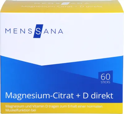 Produktbild von MENSSANA Magnesium-Citrat + D direkt Sticks trägt zum Erhalt einer normalen Muskelfunktion bei, 60 St. Kombipackung