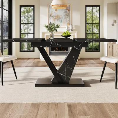 Produktbild von Ausziehtisch Esstisch, Küchentisch mit schwarzem Marmormuster für 4-6 Personen, Teleskoptisch für Küche und Wohnzimmer, 120-160*75cm