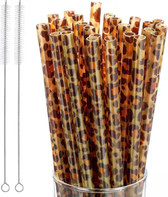 Productafbeelding van Herbruikbare Strohalmen Met Luipaardprint - Set van 25 - Safari Dierlijke Drinkrietjes Inclusief 2 Reinigingsborstels - Cocktail