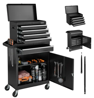 Produktbild von VEVOR Rollwerkzeugschrank, 2-in-1 Design, 5 Schubladen Werkzeugschrank Organizer mit abnehmbarem oberen Metallwerkzeugkasten, Verriegelungsstange, schützender Einlage und Werkzeugregal, Garagenlagerungsschrank für Lagerhaus, Werkstatt