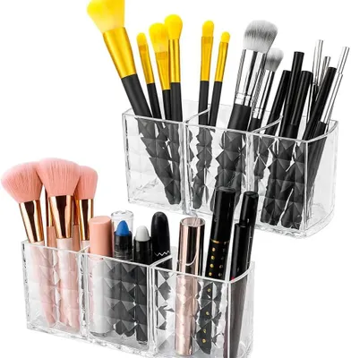 Immagine prodotto di Organizzatore per trucchi in acrilico, con 3 scomparti trasparenti, 2 pennelli per il trucco, ideale per l'organizzazione dei cosmetici