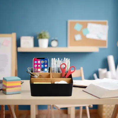 Produktbild von Büro-Organizer aus Bambus - organisieren und aufbewahren - 5 Fächer - weiß - Kunststoff und Holz