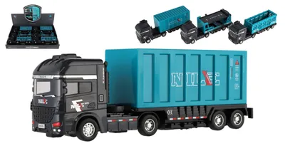 Produktbild von Autotransporter mit Anhänger, Kunststoff, 26 cm, mit Schwungradantrieb, 3 verschiedene Modelle, 6 Stück in einer Box