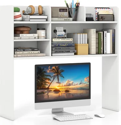 Produktbild von GOPLUS 3-stufiges Schreibtisch Regal, Desktop Bücherregal Shelf mit 6 offenen Regalen für Monitore bis zu 32", verstellbares Bücherregal Holz für Büro