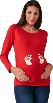 Produktbild von Umstandsshirt Langarm Baby Füße – Umstandsmode Damen Schwangerschaft, 95 % Baumwolle, Rot, Gr. M