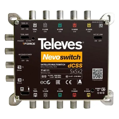 Produktbild von Televes NevoSwitch, 5 Eingänge, 2 Ausgänge, 950 - 2150 MHz, 47 - 862 MHz, IP20, -5 - 45 °C