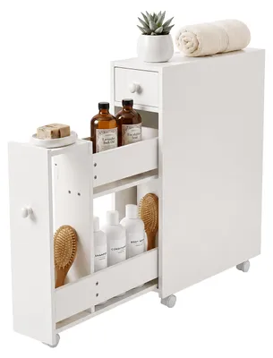 Produktbild von Relaxdays Nischenschrank, 4 Fächer, Schiebtüren & Klapptür, HxBxT: 62 x 16 x 48 cm, Badezimmer, MDF, Rollwagen, weiß