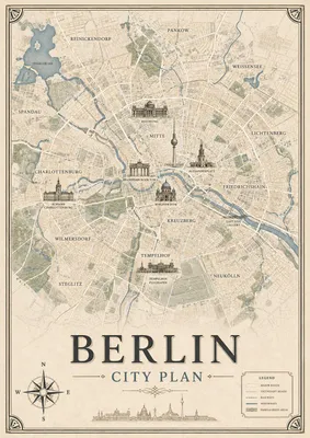 Immagine prodotto di Poster vintage con mappa della città, formato DIN A2 – Mappa della città di Berlino, mappa decorativa di Berlino, stampata su carta Ilford opaca