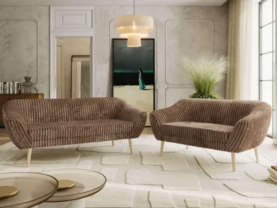 Produktbild von MKS MEBLE Sofagarnitur PIRS 3-2, Couchgarnitur, Wellenfederung, Buche Füße, Sitzgruppe, Polstermöbel Set, Couch mit Holzbeinen - Braun Cord