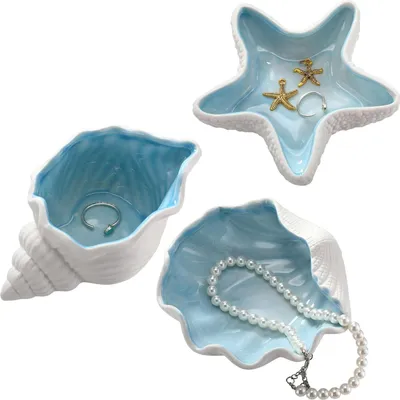 Produktbild von Schmuck Organizer Tablett,3 Stück Schmuckschalen, Keramik Muschel Seestern Schnecke Schale, Schmuck Aufbewahrung Deko Blau