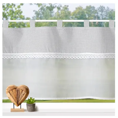 Produktbild von Heimtexland Scheibengardine Landhaus Batist weiß Vichy Karo mit Borte Schlaufen Bistro Gardine Bauernhaus Fensterdeko Küche halbtransparent HxB 45x120  Typ929 Grau