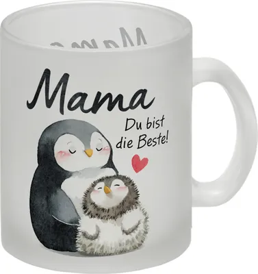 Produktbild von Pinguin Mutter und Kind Glas Tasse mit Spruch Mama du bist die Beste