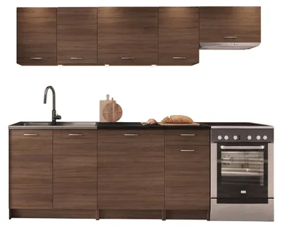 Produktbild von MIRJAN24 Küche Mela 240, Küchenzeile, 7 Schrank-Module frei kombinierbar, Küche-Set (Nuss Elegant / Nuss Elegant + Schwarz, mit LED Beleuchtung)