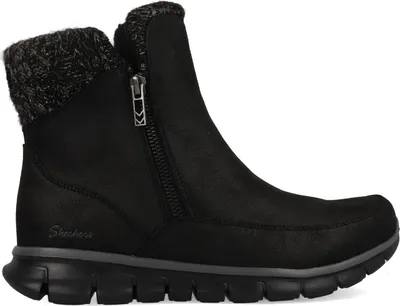 A black Skechers winter boot with a knitted cuff and a side zipper, shown against a white background.