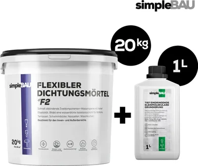 Produktbild von SimpleBau Abdichtungsset: Flexibler Abdichtungsmörtel 20 kg + 1L Tiefengrund , Abdichtung & Vorbereitung für Balkone, Bäder, Gipskarton