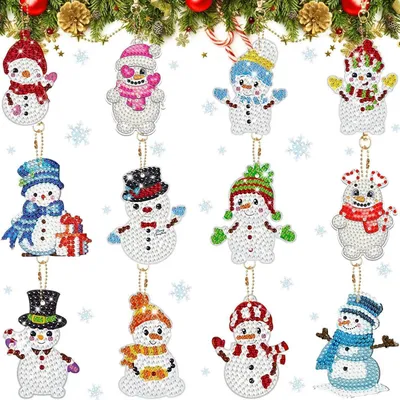 Obrázok produktu pre Sada na tvorbu obrazov technikou "diamond painting" – snehuliak, vianočný ornament, 12 kusov, kreatívna sada, dekorácia, 7 cm