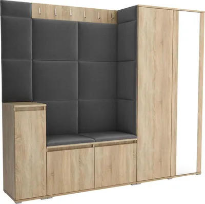 Produktbild von Garderoben-Set Noris VIII mit Spiegel, gepolsterte Garderobe 145 cm mit Schuhkommode, Wandpaneelen und Sitzbank (Farbe: Sonoma Eiche+ Trinity 15)