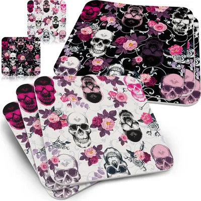 Produktbild von Funke & Brand 50x Bierdeckel Totenkopf mit Rosen - Untersetzer für Gläser - Glasuntersetzer eckig Skull - 50 Stück - Bierdeckel für Getränke