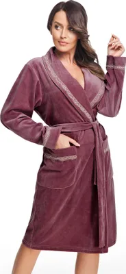 Produktbild von LEVERIE 220 Damen Bademantel mit Bindegürtel und Taschen, Pink mit Spitzen-Details Gr. L