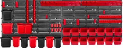 A wall-mounted storage system with multiple bins and shelves.
