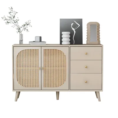 Produktbild von Meubles Cosy Modernes Sideboard aus Naturholz mit 3 Türen, verstellbaren Einlegeböden und schwarzen Beinen – 160 x 35 x 76 cm