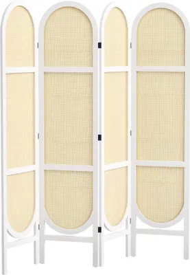 Image de HOMCOM Paravent interieur en bois 4 panneaux 170 x 160 cm séparateur de pièce pliable et portable, motif tissé à la main, cloison de séparation pour salon chambre à coucher maison, blanc