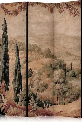 A three-panel room divider depicting a landscape with cypress trees and Mediterranean vegetation.