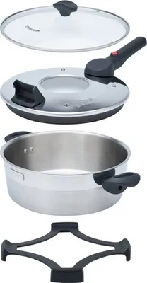 A disassembled electric cooking pot with its lid and accessories, presented on a white background.